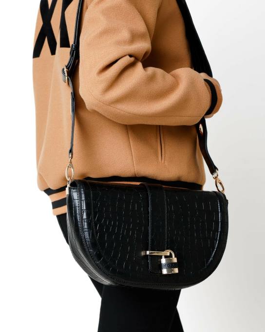 melns 42PB428 sievietes Mexx croco halfmoon crossbody soma